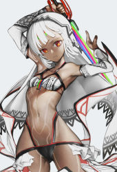 Rule 34 | 1girl, altera (fate), armpits, cameltoe, dark skin, dark-skinned female, detached sleeves, emokakimasu, fate/grand order, fate (series), full body, full-body tattoo, highres, holding, holding sword, holding weapon, looking at viewer, midriff, photon ray (fate), red eyes, short hair, solo, sword, tattoo, veil, weapon, white hair