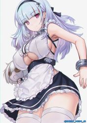 Rule 34 | 1girl, absurdres, anchor choker, anchor necklace, apron, armpits, azur lane, black hairband, breasts, center frills, choker, closed mouth, clothing cutout, dido (azur lane), doll, earrings, frilled apron, frilled choker, frills, from below, hairband, highres, holding, holding doll, jewelry, lace-trimmed hairband, lace trim, large breasts, long hair, looking at viewer, maid apron, necklace, ninnin (shishitou), shirt, sideboob, silver hair, sleeveless, sleeveless shirt, thighhighs, thighs, twitter username, underboob, underboob cutout, waist apron, white apron, wrist cuffs