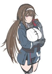 Rule 34 | 1girl, absurdres, blue jacket, blush, breasts, brown hair, closed mouth, commentary request, cowboy shot, embarrassed, gift, girls&#039; frontline, grey background, hairband, highres, holding, holding gift, jacket, js 9 (girls&#039; frontline), lamniku0, large breasts, long hair, looking at viewer, mechanical arms, mole, mole under eye, red eyes, sidelocks, simple background, solo, standing, white hairband