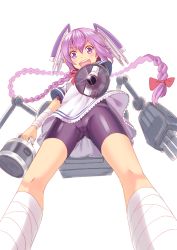 Rule 34 | &gt;:d, 10s, 1girl, :d, aiming, aiming at viewer, bandaged arm, bandaged leg, bandages, bike shorts, bow, bowtie, braid, cameltoe, crotch, dress, from below, hair bow, headgear, kantai collection, legs, looking at viewer, machinery, nenohi (kancolle), open mouth, pink hair, purple eyes, purple hair, red bow, sailor collar, sailor dress, shimouki izui, shorts under dress, simple background, single braid, smile, solo, v-shaped eyebrows, white background