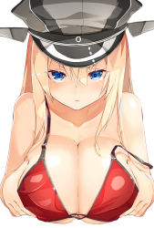 Rule 34 | 10s, 1girl, bare shoulders, bikini, bismarck (kancolle), blonde hair, blue eyes, blush, breast hold, breasts, cleavage, collarbone, hat, kantai collection, large breasts, long hair, looking at viewer, meth (emethmeth), military hat, peaked cap, red bikini, solo, swimsuit, upper body