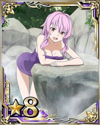 Rule 34 | 10s, 1girl, bent over, breasts, card (medium), cleavage, collarbone, long hair, looking at viewer, medium breasts, mole, mole on breast, naked towel, onsen, open mouth, pink hair, purple towel, red eyes, solo, star (symbol), steam, strea (sao), sword art online, towel