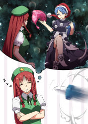 Rule 34 | 2girls, beret, black dress, blob, blue eyes, blue hair, bobomaster, book, braid, closed eyes, commentary request, crossed arms, crossed legs, doremy sweet, dreaming, dress, drooling, gradient background, green dress, hat, highres, holding, holding book, hong meiling, knife, long hair, multiple girls, neck ribbon, nightcap, no shoes, parted bangs, parted lips, pom pom (clothes), puffy short sleeves, puffy sleeves, red hair, ribbon, shirt, short sleeves, sitting, sleeping, socks, star (symbol), striped, striped background, tail, tapir tail, throwing knife, touhou, twin braids, very long hair, weapon, white dress, wing collar, zzz