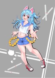 Rule 34 | 1girl, absurdres, animal ears, blue hair, blue sailor collar, blue shorts, blush, brown eyes, cat ears, chicken3000, commentary request, crop top, drawstring, drop shadow, fake animal ears, fang, flat chest, flower, full body, grey background, highres, igarashi haruna, long hair, looking at viewer, mahjong, mahjong soul, medium bangs, midriff, navel, open mouth, paw print, paw print background, red flower, sailor collar, sailor shirt, shide, shirt, shoes, shorts, smile, sneakers, solo, tenbou