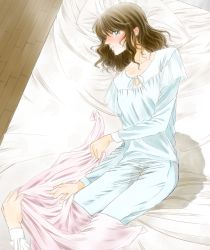 Rule 34 | 1girl, bed sheet, bedwetting, blue pajamas, blush, breasts, brown hair, collarbone, embarrassed, from above, highres, lips, lying, medium hair, mitaray, on bed, open mouth, original, pajamas, pee, pee stain, peeing, peeing self, pillow, pink blanket, puddle, small breasts, solo focus, wet, wet clothes, wooden floor