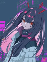 Rule 34 | 1girl, black hair, hair between eyes, highres, jacket, ligne claire, long hair, long sleeves, looking at viewer, mochizuki kei (style), parted lips, red eyes, ruricon, solo, symbol-shaped pupils, upper body, vocaloid, white jacket, x-shaped pupils, yuurei tokyo (vocaloid)
