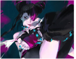 Rule 34 | 1girl, aqua nails, baggy pants, bare shoulders, black gloves, black hair, collar, cropped, eyeshadow, feet, from below, gloves, hair horns, hair over one eye, han juri, highres, looking at viewer, makeup, multicolored hair, nail polish, pants, purple eyes, purple eyeshadow, solo, spiked anklet, spiked collar, spikes, streaked hair, street fighter, striped clothes, striped pants, superboltkbh, toeless footwear, toenail polish, toenails, toes, tongue, tongue out, two-tone hair, upper body, vertical-striped clothes, vertical-striped pants