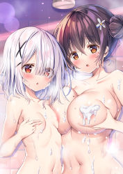 Rule 34 | 2girls, :o, areola slip, asymmetrical docking, blunt bangs, blush, breast press, breasts, breasts squeezed together, brown hair, comic cune, completely nude, covering nipples, covering privates, embarrassed, eyes visible through hair, flower, foam, from side, hair between eyes, hair flower, hair ornament, highres, kurou (quadruple zero), large breasts, looking at viewer, mole, mole on breast, mole under eye, multiple girls, ninose shizuku, nude, original, red eyes, same-sex bathing, shared bathing, shirakawa kokona, shower (place), small breasts, symmetrical docking, watashi no tame ni nuginasai!, wet, x hair ornament