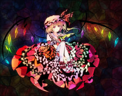 Rule 34 | 1girl, ankle cuffs, bad id, bad pixiv id, blonde hair, dress, embodiment of scarlet devil, eyelashes, fang, female focus, flandre scarlet, frills, gathers, glowing, glowing wings, icc, looking at viewer, nail polish, pantyhose, red eyes, short hair, side ponytail, sitting, smirk, solo, stained glass, touhou, white pantyhose, wings