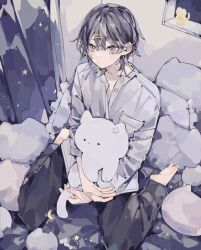 Rule 34 | 1boy, barefoot, bed, black hair, black pants, breast pocket, cat-shaped pillow, collarbone, commentary request, from above, grey eyes, hair between eyes, hair ornament, hairclip, highres, hirominomusi, long sleeves, looking ahead, hugging object, original, pants, pocket, shirt, short hair, sitting, solo, star (symbol), stuffed animal, stuffed cat, stuffed toy, unbuttoned, unbuttoned shirt, wariza, white shirt