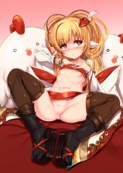 Rule 34 | 10s, 1girl, absurdres, animal ears, arm behind head, ass, bar censor, black footwear, blonde hair, blush, breasts, brown thighhighs, censored, full body, granblue fantasy, hand on own chest, harigane shinshi, harvin, highres, long hair, looking at viewer, lying, mahira (granblue fantasy), navel, nengajou, new year, nipples, no panties, on back, red eyes, revealing clothes, shiny skin, small breasts, soles, solo, spread legs, tareme, thighhighs, thighs