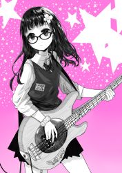 Rule 34 | 1girl, bass guitar, cowboy shot, glasses, greyscale, greyscale with colored background, instrument, kakoben (mudvana), long hair, looking at viewer, monochrome, music, music man stingray, original, parted lips, pink background, playing instrument, school uniform, scrunchie, sleeves rolled up, solo, star (symbol), starry background, sweater vest, wrist scrunchie