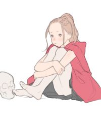 Rule 34 | 1girl, absurdres, blush, brown eyes, brown hair, closed mouth, coat, highres, hugging own legs, looking at viewer, luimiart, original, pantyhose, ponytail, pout, red coat, simple background, skull, solo, white background, white pantyhose