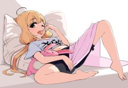 Rule 34 | 1girl, :p, ahoge, bad id, bad twitter id, barefoot, bed, bike shorts, black shorts, blonde hair, blush, breasts, brown eyes, candy, clothes lift, clothes writing, commentary request, covering privates, covering crotch, eyelashes, feet, food, full body, futaba anzu, hair ornament, hair tie, hand up, holding, holding food, idolmaster, idolmaster cinderella girls, lollipop, long hair, looking at viewer, low twintails, lying, midriff, navel, neet, omaru gyuunyuu, on back, on bed, one eye closed, pillow, shirt, shirt lift, short shorts, shorts, solo, spread legs, stomach, stuffed animal, stuffed rabbit, stuffed toy, t-shirt, toenails, toes, tongue, tongue out, twintails, white shirt