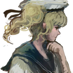 Rule 34 | 1girl, blonde hair, blue eyes, blue sailor collar, hat, katari, kitashirakawa chiyuri, profile, sailor collar, sailor hat, solo, touhou, touhou (pc-98), twintails, white background
