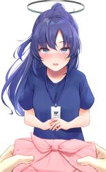Rule 34 | 1girl, absurdres, bandaged fingers, bandages, blue archive, blue shirt, blush, halo, highres, holding, id card, lanyard, long hair, looking at viewer, own hands together, parted lips, ponytail, pov, purple eyes, purple hair, shirt, short sleeves, simple background, solo focus, star (symbol), sticker on face, upper body, white background, wrapped bento, yata mawari, yuuka (blue archive), yuuka (track) (blue archive)