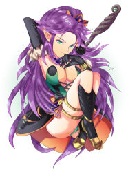 Rule 34 | 1girl, alternate costume, angela (seiken densetsu 3), artist request, breasts, cleavage, female focus, green eyes, large breasts, long hair, looking at viewer, official alternate costume, purple hair, seiken densetsu, seiken densetsu 3, sidelocks, simple background, smile, solo, square enix, staff, swept bangs, thighs, very long hair, white background
