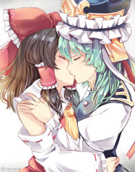 Rule 34 | 2girls, artist name, ascot, bare shoulders, black hair, blue headwear, blue vest, blush, bow, closed eyes, commentary request, detached sleeves, epaulettes, facing another, frilled bow, frilled hat, frilled shirt collar, frills, from side, gradient background, green hair, grey background, hair bow, hair tubes, hakurei reimu, hat, hug, juliet sleeves, kiss, long hair, long sleeves, multiple girls, profile, puffy sleeves, ramudia (lamyun), red bow, red ribbon, red skirt, ribbon, ribbon-trimmed sleeves, ribbon trim, shiki eiki, shirt, sidelocks, skirt, skirt set, touhou, twitter username, vest, white background, white ribbon, white shirt, wide sleeves, yellow ascot, yuri