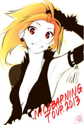 Rule 34 | 1girl, arm up, armpits, asymmetrical clothes, black gloves, breasts, cleavage, earrings, elbow gloves, english text, fur trim, gloves, grin, hand in own hair, jewelry, long hair, looking at viewer, medium breasts, nico barning, orange hair, original, poaro, red eyes, sideboob, signature, simple background, single elbow glove, single sleeve, smile, solo, torn clothes, v-neck, white background