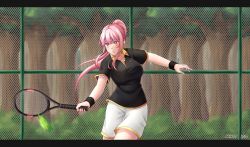 Rule 34 | 1girl, akkanen, alternate costume, alternate hairstyle, breasts, chain-link fence, death-sensei (mori calliope), earrings, fence, highres, holding, holding racket, hololive, hololive english, jewelry, large breasts, mori calliope, pink hair, playing sports, ponytail, racket, shorts, solo, sportswear, tennis, tennis court, tennis racket, tennis uniform, two-tone shirt, virtual youtuber, wristband