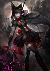 Rule 34 | 10s, 1girl, axe, black dress, black gloves, black hair, black thighhighs, boots, bow, cglas, cloud, dress, garter straps, gate - jieitai ka no chi nite kaku tatakaeri, gloves, hair bow, holding, holding weapon, lace-up, lipstick, long hair, looking to the side, makeup, moon, night, night sky, outdoors, red eyes, red lips, rory mercury, short sleeves, sky, smile, solo, standing, thighhighs, very long hair, weapon