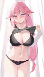Rule 34 | 1girl, absurdres, alternate costume, animal ears, arm behind back, bare shoulders, black bra, black panties, black tank top, blush, bow, bow bra, bow panties, bra, closed mouth, clothes lift, cowboy shot, curtains, earrings, floppy ears, fox ears, genshin impact, hand up, highres, holding, jewelry, lifted by self, long hair, long sleeves, looking at viewer, low-tied long hair, navel, off shoulder, open clothes, open shirt, panties, pink hair, purple eyes, shirt, shirt lift, smile, solo, stomach, tank top, tatsumiya kagari, thigh gap, thighs, underwear, very long hair, white background, white shirt, yae miko