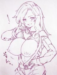Rule 34 | 1girl, alternate breast size, blush, breasts, commentary request, copyright request, corrupted twitter file, gloves, goggles, goggles around neck, hand on own hip, highres, huge breasts, lifting own clothes, long hair, looking at viewer, metal gear (series), metal gear solid 3: snake eater, monochrome, navel, nipples, open mouth, smile, solo, traditional media, tsukareta san