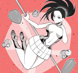 Rule 34 | 1girl, absurdres, bare arms, bare shoulders, black hair, boku no hero academia, breasts, center opening, highres, koyap, large breasts, legs, long hair, looking at viewer, matryoshka doll, narrow waist, red background, shield, shoes, smile, solo, wide hips, yaoyorozu momo
