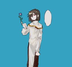 Rule 34 | 1boy, blue background, brown hair, brown pants, capelet, chinese commentary, closed mouth, commentary request, flower, gold trim, hair between eyes, highres, isoi haruki, long sleeves, male focus, pale skin, pangpangxiao20a, pants, purple flower, red eyes, saibou shinkyoku, short hair, simple background, solo, white capelet
