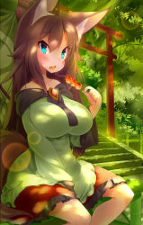 Rule 34 | 1girl, animal ears, bench, blue eyes, blush, breasts, brooch, brown eyes, collarbone, dango, eating, food, forest, highres, huge breasts, imaizumi kagerou, jewelry, koha, long hair, long sleeves, nature, shirt, sitting, skirt, solo, stairs, tail, torii, touhou, very long hair, wagashi, wide sleeves, wolf ears, wolf tail