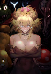 Rule 34 | 3girls, animal crossing, animal ears, armlet, bare shoulders, black collar, black dress, blonde hair, blue eyes, borrowed design, bowsette, bracelet, breasts, cleavage, collar, collarbone, commentary request, covered navel, crossed arms, dark samus, dog girl, donkey kong (series), donkey kong country, dress, earrings, elbow gloves, evil grin, evil smile, furry, furry female, gloves, glowing, glowing eyes, grin, highres, horns, isabelle (animal crossing), jewelry, king k. rool, large breasts, long hair, looking at viewer, luigi&#039;s mansion, mario (series), metroid, metroid prime 2: echoes, multiple girls, new super mario bros. u deluxe, nintendo, piranha plant, princess king boo, ridley, sharp teeth, silver hair, smile, spiked armlet, spiked collar, spiked shell, spikes, strapless, strapless dress, super crown, super smash bros., teeth, tongue, tongue out, turtle shell, uenoryoma, v-shaped eyebrows