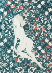 Rule 34 | 1girl, barefoot, blonde hair, breasts, bug, butterfly, colored skin, completely nude, floral background, full body, insect, kishi takuya, midair, nude, original, painting (medium), petite, short hair, skinny, small breasts, solo, traditional media, watercolor (medium), wavy hair, white skin