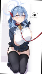 Rule 34 | 1girl, absurdres, ako (blue archive), bell, black thighhighs, blue archive, blue eyes, blue hair, blush, breasts, earrings, garter straps, halo, highres, jewelry, kneeling, large breasts, leash, looking at viewer, neck bell, sideboob, solo, spoken squiggle, squiggle, stud earrings, sukaliya, thighhighs