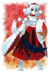 Rule 34 | 1girl, animal ears, blue eyes, border, collar, detached sleeves, esythqua, fading border, female focus, hat, highres, inubashiri momiji, leaf, looking at viewer, maple leaf, midriff, shield, short hair, sidelocks, solo, standing, sword, tail, tokin hat, touhou, weapon, white hair, wolf ears, wolf tail