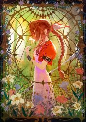 Rule 34 | 1girl, aerith gainsborough, border, bracelet, braid, brown hair, commentary, covered face, cropped jacket, dress, english commentary, final fantasy, final fantasy vii, floral background, flower, from side, hand up, highres, holding, holding flower, holding staff, jacket, jewelry, lily (flower), long hair, namiki kazama, ornate border, pink dress, red jacket, short sleeves, sidelocks, solo, staff