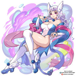 Rule 34 | 1girl, ass, blue footwear, blue nails, breasts, choker, cleavage, cloud hair, creatures (company), detached sleeves, dragonair, full body, game freak, gen 1 pokemon, high heels, horns, jewelry, large breasts, leotard, lipstick, long hair, looking at viewer, magical girl, makeup, nail polish, nintendo, personification, pink eyes, pokemon, redjet, ring, simple background, single horn, smile, solo, tail, thighhighs, thighs, watermark, web address, white background, white hair, white thighhighs