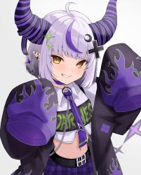 Rule 34 | 1girl, belt, black belt, choker, collared shirt, commentary request, crescent, crescent hair ornament, ear piercing, gradient background, grey hair, grin, hair ornament, hands up, haruwo, highres, hololive, horns, la+ darknesss, la+ darknesss (casual), looking at viewer, medium hair, midriff, multicolored hair, necktie, official alternate costume, piercing, pink hair, pointy ears, purple choker, purple horns, purple necktie, purple skirt, shirt, simple background, skirt, sleeves past fingers, sleeves past wrists, slit pupils, smile, solo, sparkle hair ornament, streaked hair, upper body, virtual youtuber, x hair ornament, yellow eyes