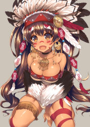 Rule 34 | 1girl, :d, bare shoulders, blush, breasts, brown eyes, brown hair, cleavage, dark skin, dark-skinned female, earrings, fang, feathers, gluteal fold, headband, headdress, highres, jewelry, large breasts, long hair, looking at viewer, native american, native american headdress, open mouth, original, raiou, simple background, smile, solo, tattoo, tribal, tribal tattoo