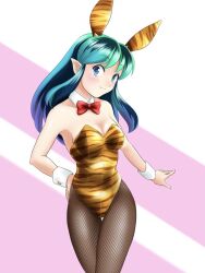 Rule 34 | 1girl, animal ears, animal print, aqua hair, blue eyes, bow, bowtie, breasts, brown pantyhose, cone horns, detached collar, fake animal ears, fishnet pantyhose, fishnets, gradient hair, highres, horns, leotard, long hair, looking at viewer, lum, medium breasts, multicolored hair, nanao futaba, pantyhose, playboy bunny, pointy ears, rabbit ears, red bow, red bowtie, second-party source, solo, strapless, strapless leotard, tiger print, two-tone background, urusei yatsura, wrist cuffs, yellow leotard
