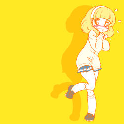 Rule 34 | 10s, 1girl, blush, cardigan, hairband, karaagetarou, kise yayoi, kneehighs, loafers, precure, shoes, shy, skirt, smile precure!, socks, solo, standing, standing on one leg, tears, wavy mouth, white hairband, yellow background, yellow theme