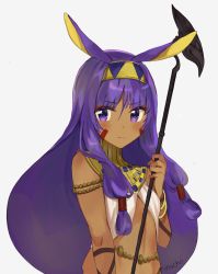 Rule 34 | 1girl, animal ears, artist name, blush, closed mouth, dark skin, dark-skinned female, egyptian, egyptian clothes, facial mark, fate/grand order, fate (series), hairband, holding, holding staff, jackal ears, jewelry, long hair, looking away, looking to the side, mochii, nitocris (fate), purple eyes, purple hair, sidelocks, simple background, solo, staff, very long hair, white background