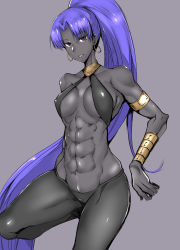 Rule 34 | 1girl, abs, absurdres, assassin (fate/zero), bare shoulders, blue hair, breasts, breasts apart, colored skin, covered erect nipples, dark-skinned female, dark skin, earrings, fate/zero, fate (series), female assassin (fate/zero), grey background, grey eyes, highres, jewelry, long hair, open mouth, pants, ponytail, revealing clothes, simple background, solo, very long hair