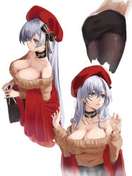 Rule 34 | 1girl, arms up, azur lane, bag, belfast (azur lane), belfast (shopping with the head maid) (azur lane), black pantyhose, black skirt, blue eyes, breasts, collarbone, hair ornament, highres, holding, large breasts, long hair, looking to the side, off-shoulder sweater, off shoulder, pantyhose, pencil skirt, red headwear, red shawl, ribbon, sadriv, shawl, shopping bag, simple background, skirt, sweater, very long hair, white background