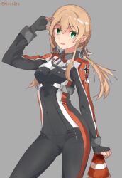Rule 34 | 1girl, alternate costume, anchor hair ornament, biker clothes, bikesuit, black bikesuit, black gloves, blonde hair, bodysuit, breasts, cowboy shot, fingerless gloves, gloves, green eyes, grey background, hair ornament, highres, kantai collection, long hair, low twintails, medium breasts, miron (mirona33), multicolored bodysuit, multicolored clothes, prinz eugen (kancolle), solo, traffic cone, twintails