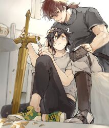 Rule 34 | 2boys, apollo (fate), black hair, black pants, black shirt, boots, brown eyes, brown hair, carving, closed mouth, eye contact, facial hair, fate/grand order, fate (series), fingernails, frown, goatee, hair between eyes, hand on another&#039;s head, hector (fate), indoors, knee pads, looking at another, male focus, mandricardo (fate), midriff peek, multicolored hair, multiple boys, pants, ponytail, shirt, shoes, short sleeves, sitting, smile, sneakers, streaked hair, sword, tumikilondon5, weapon, white pants, white shirt, wood carving tool, wooden sword, yaoi