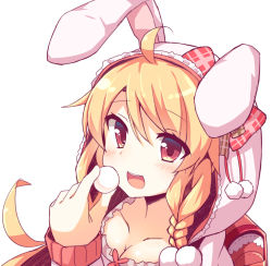 Rule 34 | 1girl, ahoge, animal ears, bad id, bad pixiv id, blonde hair, bow, braid, breasts, rabbit ears, cleavage, eating, flower knight girl, food, hood, long hair, looking at viewer, plaid, plaid bow, red bow, red eyes, shinopoko, smile, solo, susuki (flower knight girl), upper body, white background