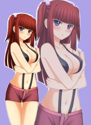 Rule 34 | 1girl, bare shoulders, bikini, bikini shorts, blush, breast hold, breasts, center opening, cleavage, collarbone, covered erect nipples, embarrassed, hair bobbles, hair ornament, highres, kenken, long hair, looking at viewer, navel, open fly, purple eyes, red hair, shorts, simple background, slingshot swimsuit, solo, standing, swimsuit, thigh gap, tsurime, two side up, umineko no naku koro ni, unbuttoned, unzipped, ushiromiya ange, zoom layer
