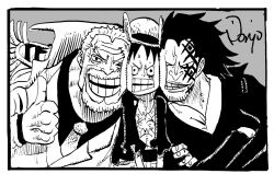 Rule 34 | 3boys, beard, black hair, cheek-to-cheek, crossed arms, epaulettes, facial hair, facial tattoo, father and son, grandfather and grandson, hat, heads together, male focus, medium hair, monkey d. dragon, monkey d. garp, monkey d. luffy, multiple boys, mustache, nishiponi, oda eiichirou (style), one piece, open clothes, open mouth, scar, scar on face, short hair, smile, straw hat, tattoo, teeth, thumbs up, traditional media, white hair
