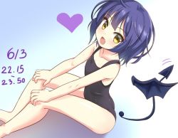 Rule 34 | 1girl, :d, blue hair, blush, collarbone, dated, demon girl, demon tail, demon wings, detached tail, detached wings, fang, flat chest, gochuumon wa usagi desu ka?, gradient background, heart, jouga maya, looking at viewer, niiya, one-piece swimsuit, open mouth, short hair, simple background, smile, solo, swimsuit, tail, timestamp, wings, yellow eyes