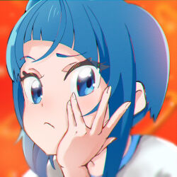 Rule 34 | 1girl, blue eyes, blue hair, close-up, closed mouth, commentary, cut bangs, frown, hand on own face, highres, hirogaru sky! precure, looking at viewer, medium hair, noe graphics, precure, red background, shirt, side ponytail, single sidelock, solo, sora harewataru, white shirt